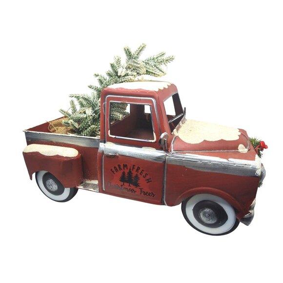 Vintage Farm Fresh Christmas Trees Red Metal Truck With Light-Up Decor & Faux Sn - Picture 3 of 9